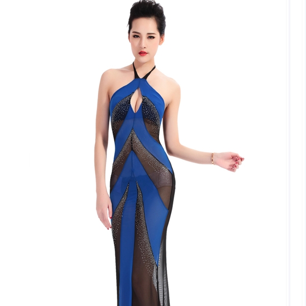 Дамска вечерна топ дълга рокля с комбинация от черен и син цвят 