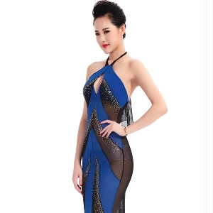 Дамска вечерна топ дълга рокля с комбинация от черен и син цвят 
