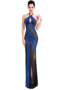Дамска вечерна топ дълга рокля с комбинация от черен и син цвят 