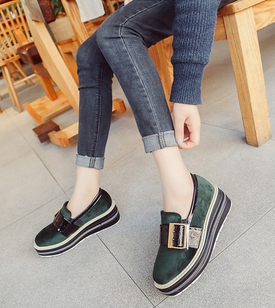 Дамски мокасини с колан и платформа в черен, розов и тъмнозелен цвят