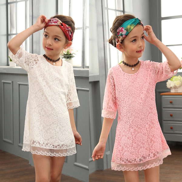 Детска дантелена рокля за момичета в бял и розов цвят в 2 модела - с японски ръкав и с 3/4 ръкав