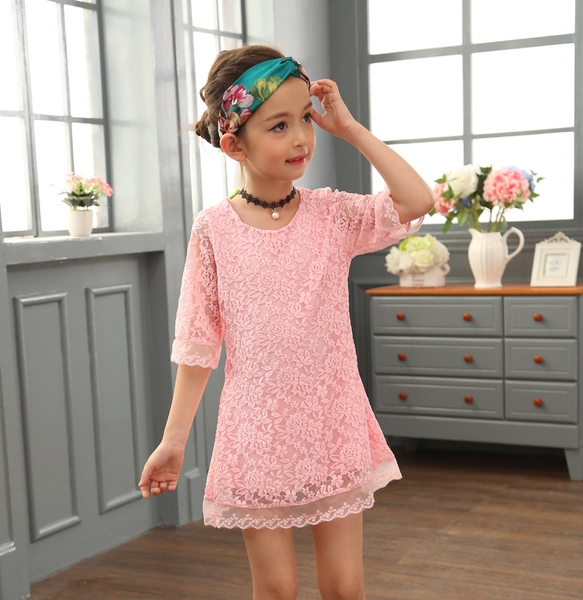Детска дантелена рокля за момичета в бял и розов цвят в 2 модела - с японски ръкав и с 3/4 ръкав
