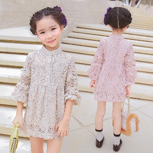 Стилна детска дантелена рокля с 3/4 ръкав, тип поло, в розов и бежов цвят