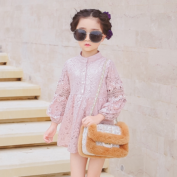 Стилна детска дантелена рокля с 3/4 ръкав, тип поло, в розов и бежов цвят