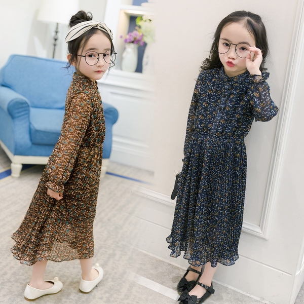 Дълга детска рокля за момичета с дълъг ръкав - шифонена, в кафяв и тъмносин цвят