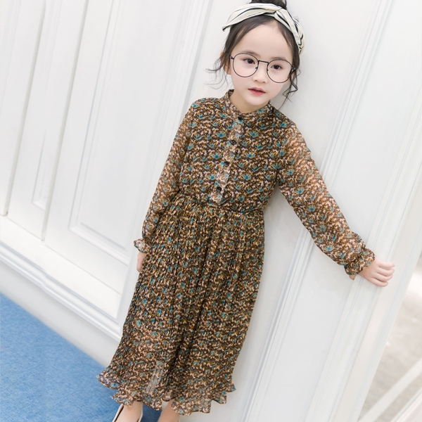 Дълга детска рокля за момичета с дълъг ръкав - шифонена, в кафяв и тъмносин цвят