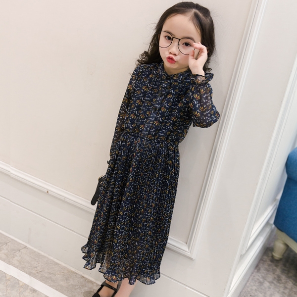 Дълга детска рокля за момичета с дълъг ръкав - шифонена, в кафяв и тъмносин цвят