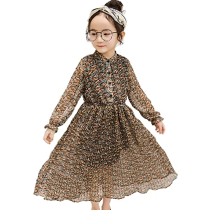 Дълга детска рокля за момичета с дълъг ръкав - шифонена, в кафяв и тъмносин цвят