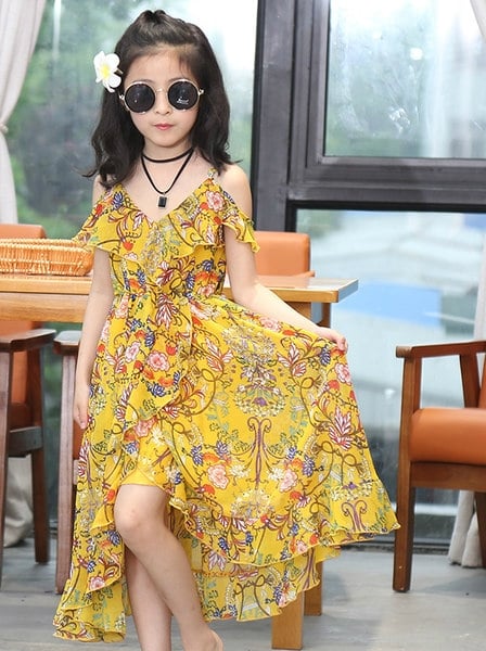 Παιδικό φόρεμα για κορίτσια με τα γυμνά τους ώμους, σκούρο μπλε, πράσινο και κίτρινο