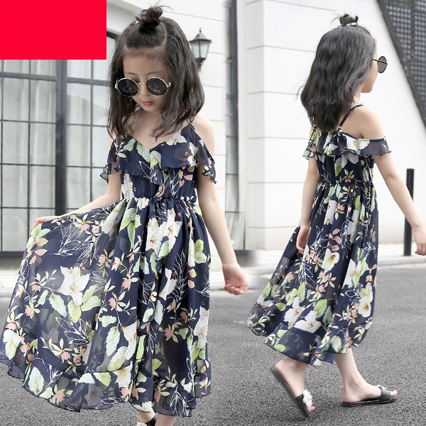 Παιδικό φόρεμα για κορίτσια με τα γυμνά τους ώμους, σκούρο μπλε, πράσινο και κίτρινο