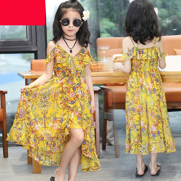 Παιδικό φόρεμα για κορίτσια με τα γυμνά τους ώμους, σκούρο μπλε, πράσινο και κίτρινο