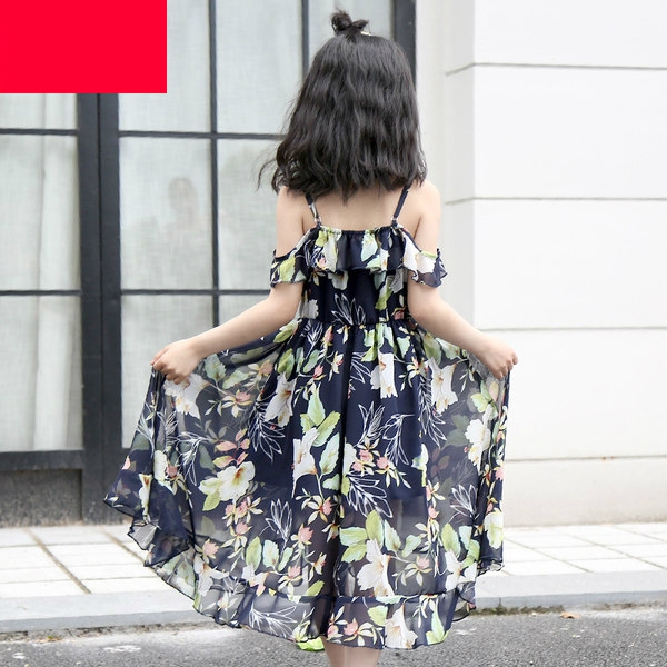 Παιδικό φόρεμα για κορίτσια με τα γυμνά τους ώμους, σκούρο μπλε, πράσινο και κίτρινο