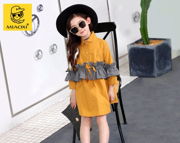 Стилна детска рокля за момичета с 3/4 ръкав в цвят джинджифил и черен цвят