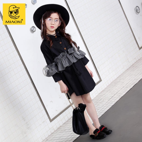 Стилна детска рокля за момичета с 3/4 ръкав в цвят джинджифил и черен цвят