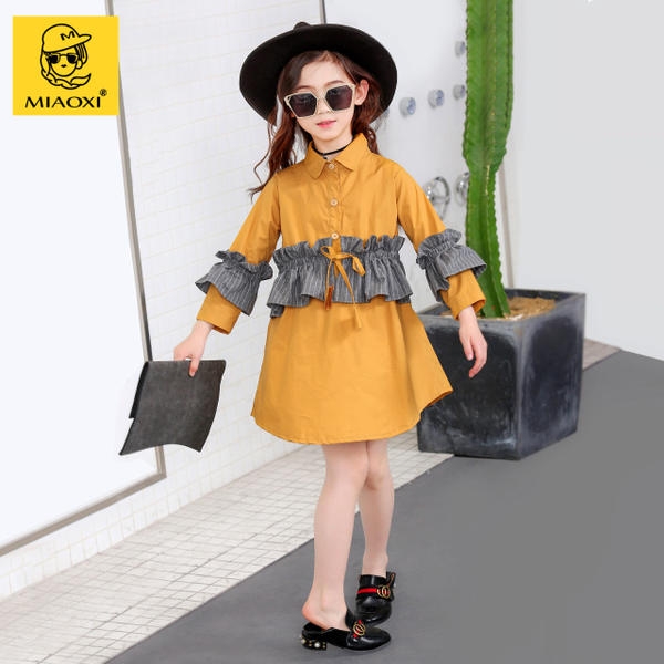 Стилна детска рокля за момичета с 3/4 ръкав в цвят джинджифил и черен цвят