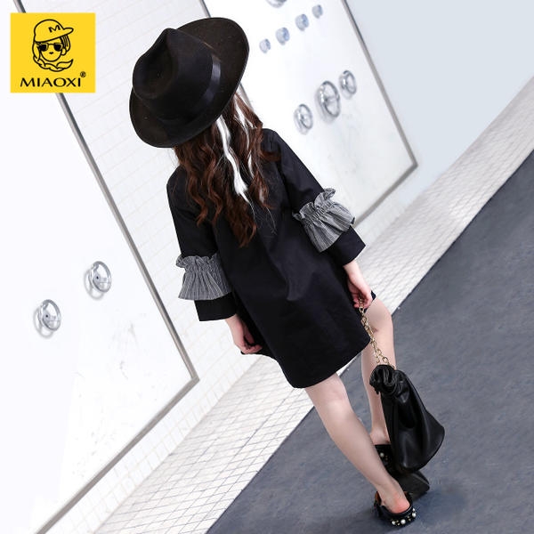 Стилна детска рокля за момичета с 3/4 ръкав в цвят джинджифил и черен цвят