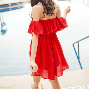 Дамска червена лятна къса шифонена рокля 