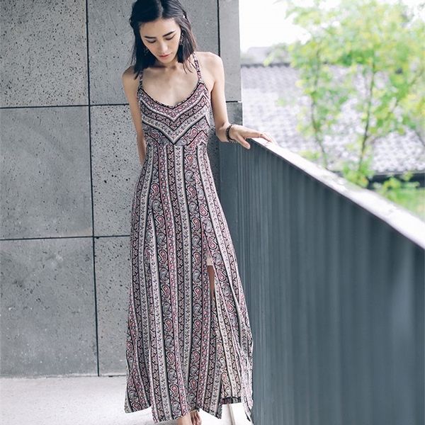 Дамска дълга лятна рокля с кръстосани презрамки