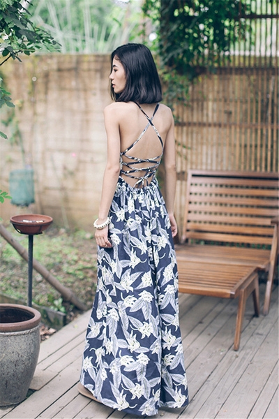 Дамска дълга лятна рокля с кръстосани презрамки