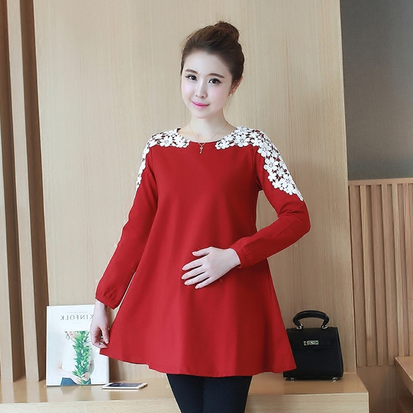 Дамска пролетна туника червена с дълги ръкави с дантела за бременни