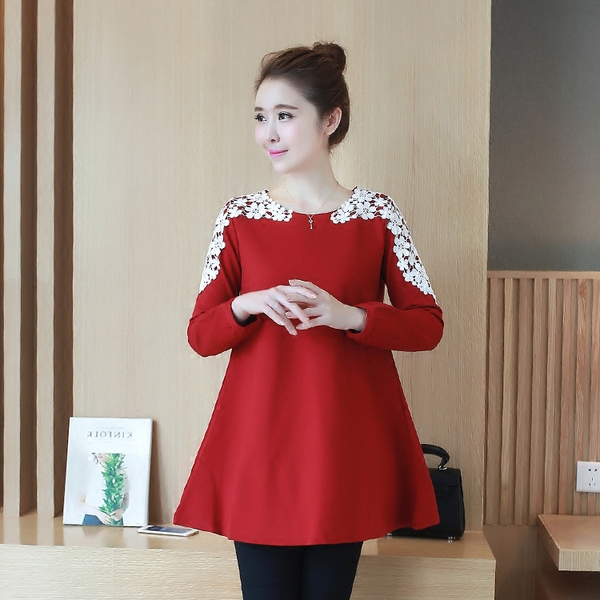 Дамска пролетна туника червена с дълги ръкави с дантела за бременни