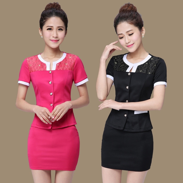 Дамски костюм в червен, жълт и черен вариант комплекти от две части риза с къс ръкав и къса пола