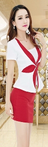 Γυναίκες σετ δύο τεμαχίων μπλούζα και συνδυασμός φούστα του λευκού και του μπλε και άσπρο μοτίβο σε κόκκινο