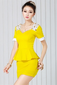 Дамски комплект от две части риза и пола жълта, синя, червена 