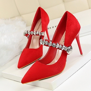 Дамски супер елегантни обувки с камъни с висок ток и заострена предна част