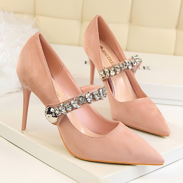 Дамски супер елегантни обувки с камъни с висок ток и заострена предна част