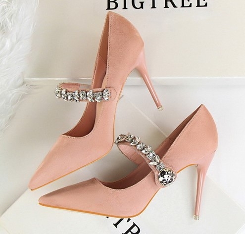 Дамски супер елегантни обувки с камъни с висок ток и заострена предна част