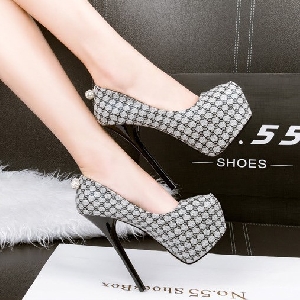 Дамски обувки на висок 14 см ток в сив и кафяв цвят