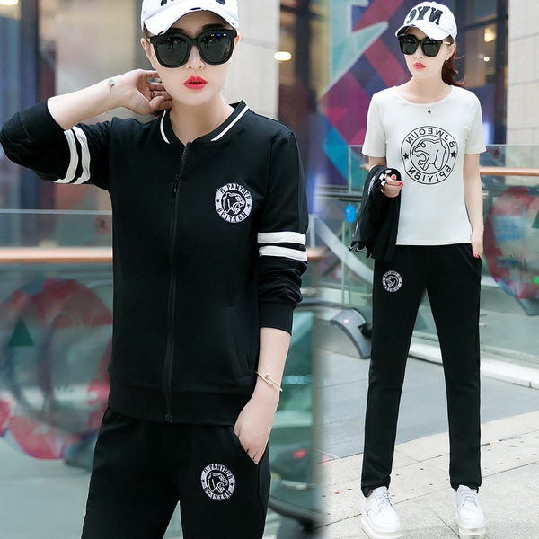 Дамски спортен екип три части тениска суичър и панталони: 4 цвята