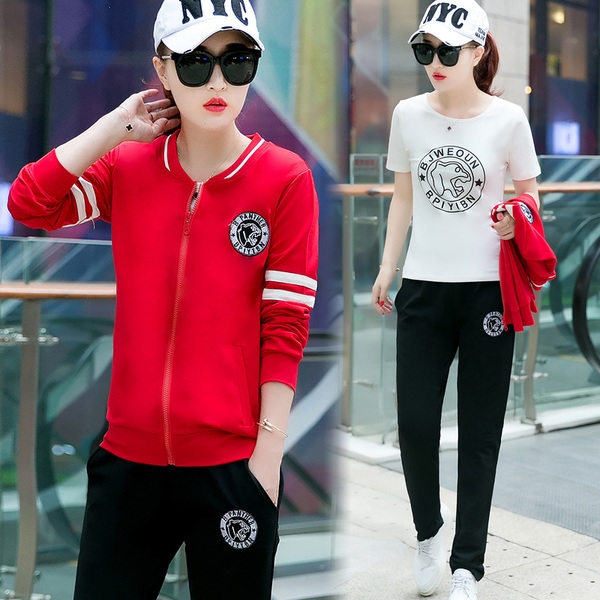 Дамски спортен екип три части тениска суичър и панталони: 4 цвята