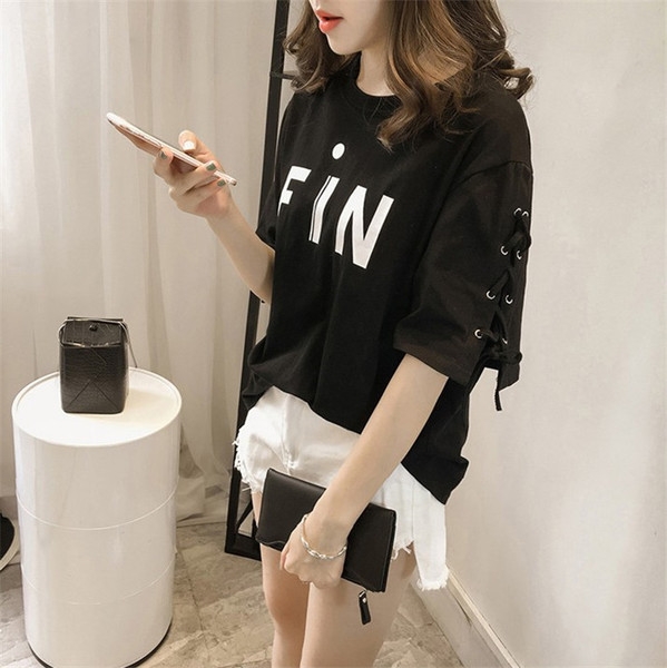 Стилна дамска тениска с 3/4 ръкав и връзки, широк модел, в бял, розов и черен цвят