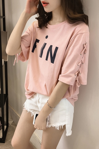 Стилна дамска тениска с 3/4 ръкав и връзки, широк модел, в бял, розов и черен цвят