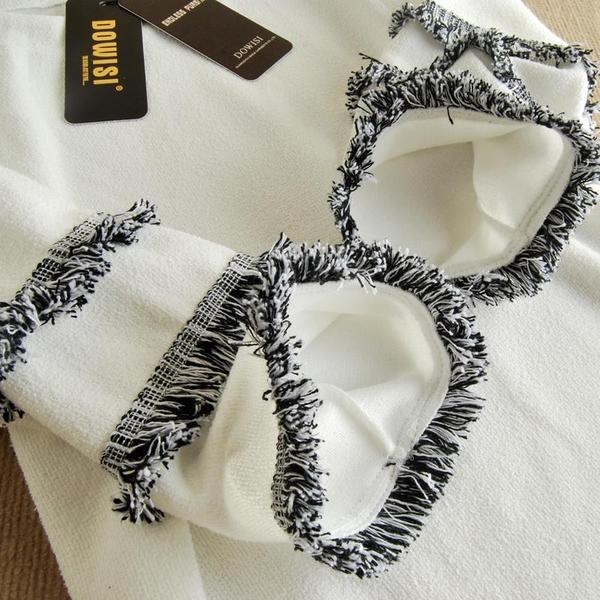 Стилна дамска блуза в бял цвят с 3/4 ръкав и ресни 