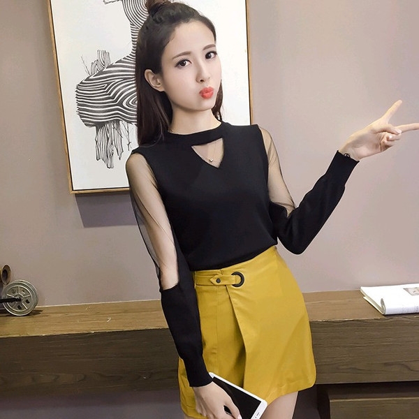 Стилна дамска блуза с прозрачни ръкави, тип Слим в зелен, бял, розов и черен цвят