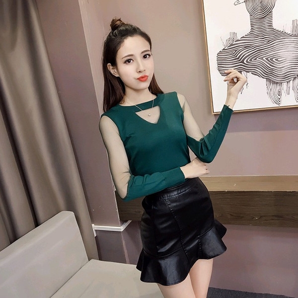 Стилна дамска блуза с прозрачни ръкави, тип Слим в зелен, бял, розов и черен цвят