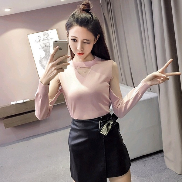 Стилна дамска блуза с прозрачни ръкави, тип Слим в зелен, бял, розов и черен цвят