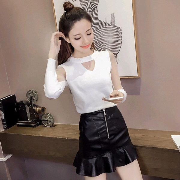 Стилна дамска блуза с прозрачни ръкави, тип Слим в зелен, бял, розов и черен цвят