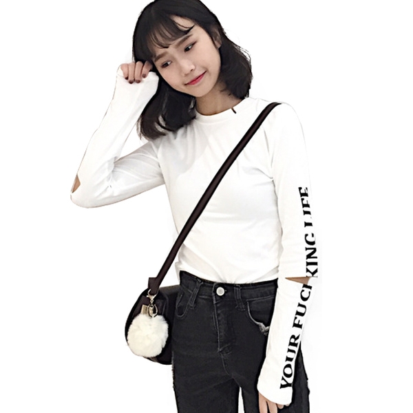 Дамска къса блуза с дълъг ръкав и надписи, в бял и черен цвят