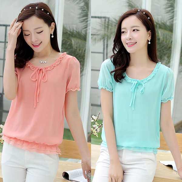 Свежа лятна блуза с къс ръкав с висящи връзки от шифон