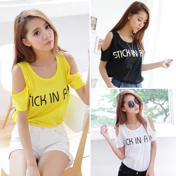 Пролетна памучна блуза с къс ръкав и голо рамо в бял, жълт и черен цвят