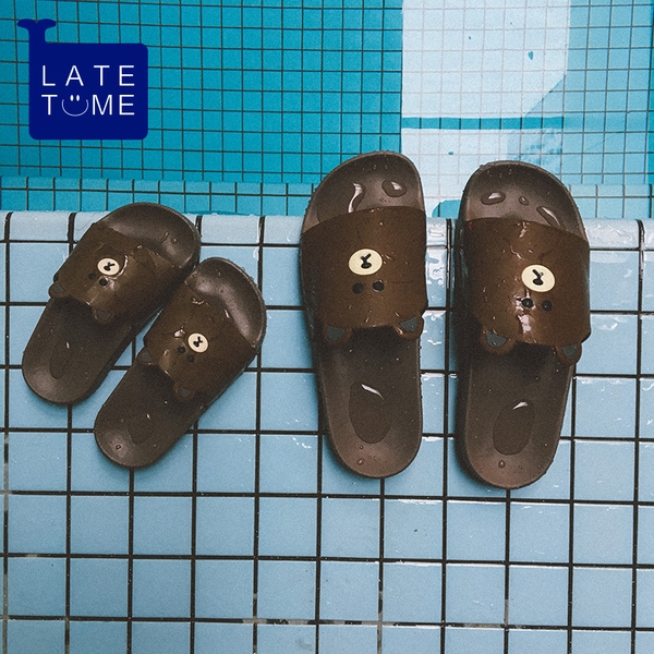 Детски гумени чехли за момчета и момичета в кафяв и розов цвят с изображение на мече и зайче и ушички