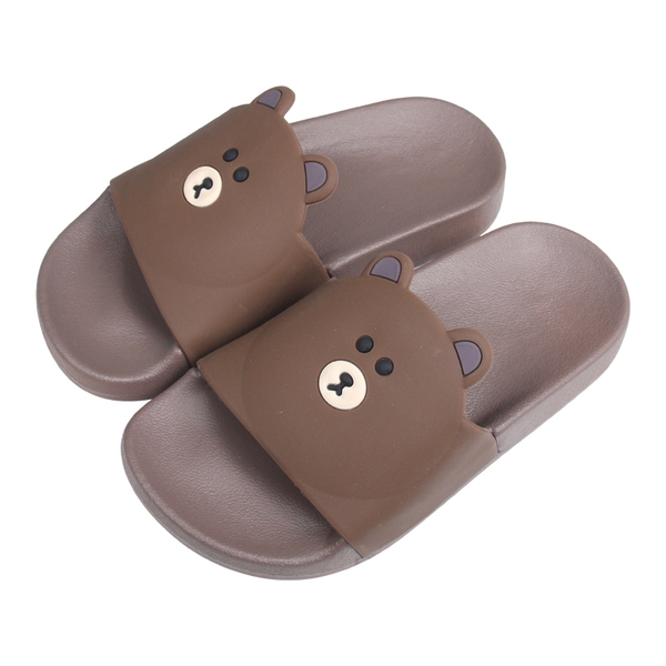 Детски гумени чехли за момчета и момичета в кафяв и розов цвят с изображение на мече и зайче и ушички