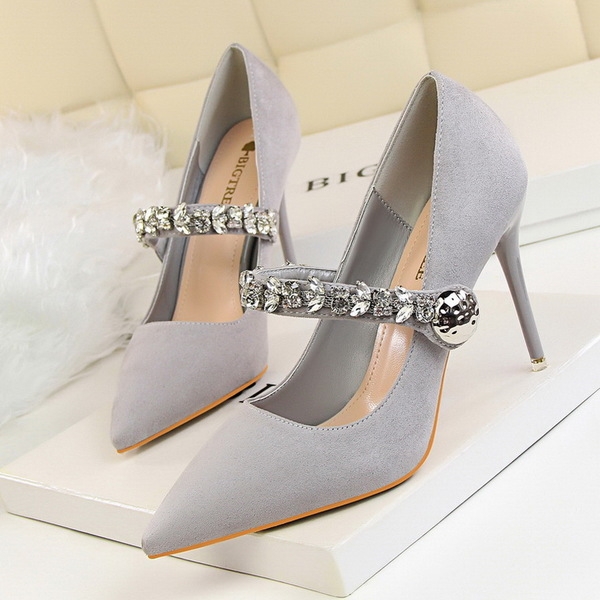 Дамски официални еко велурени обувки на ток с камъни