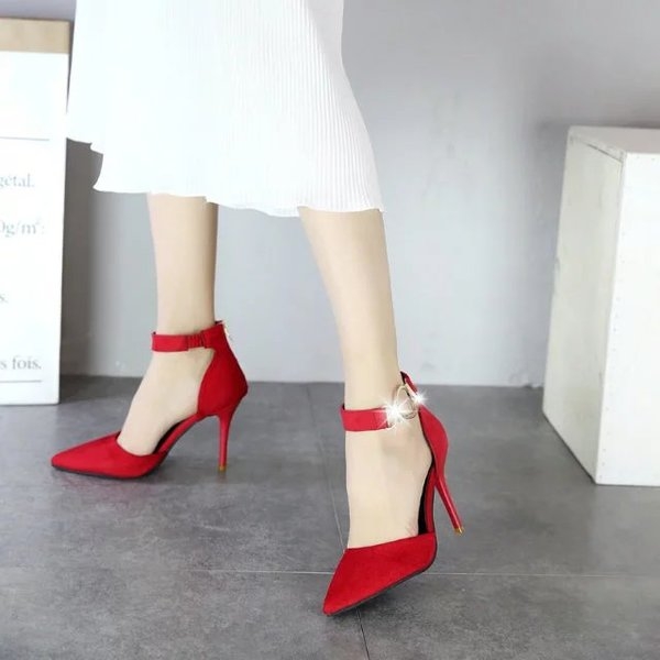 Дамски велурени летни отворени остри обувки Черни Червени Кафиви