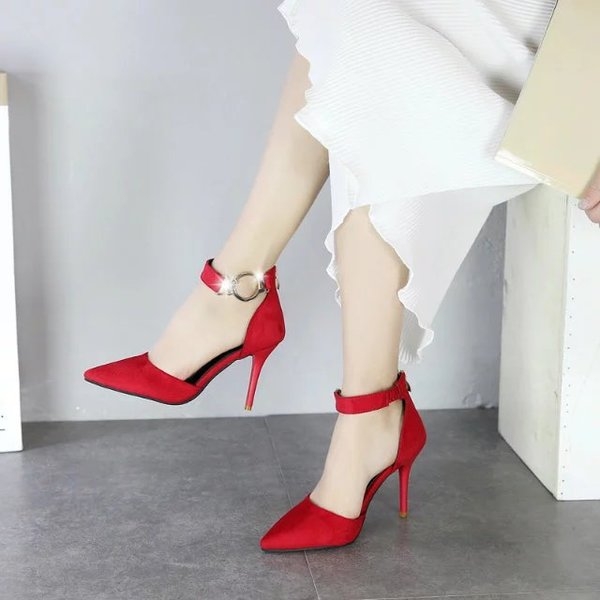 Дамски велурени летни отворени остри обувки Черни Червени Кафиви