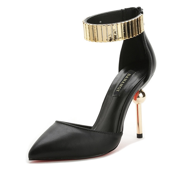 Дамски черни и сиви официални сандали със златист ток